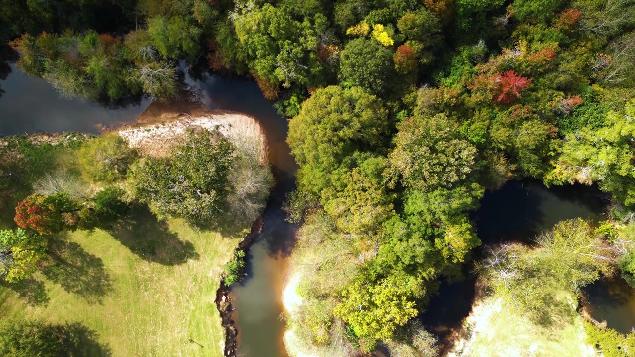 Vue aérienne d'une rivière serpentant à travers un paysage herbeux bordé par une forêt dense. Le rivage incurvé et la verdure éclatante créent un cadre naturel pittoresque et paisible.