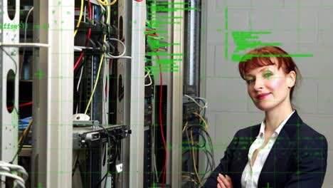 Animation-of-data-processing-over-caucasian-woman-in-server-room