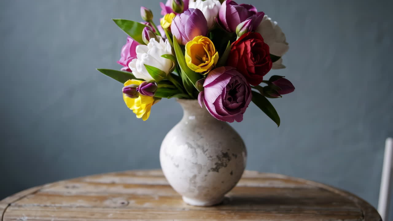 un colorido ramo de tulipanes en un jarrón