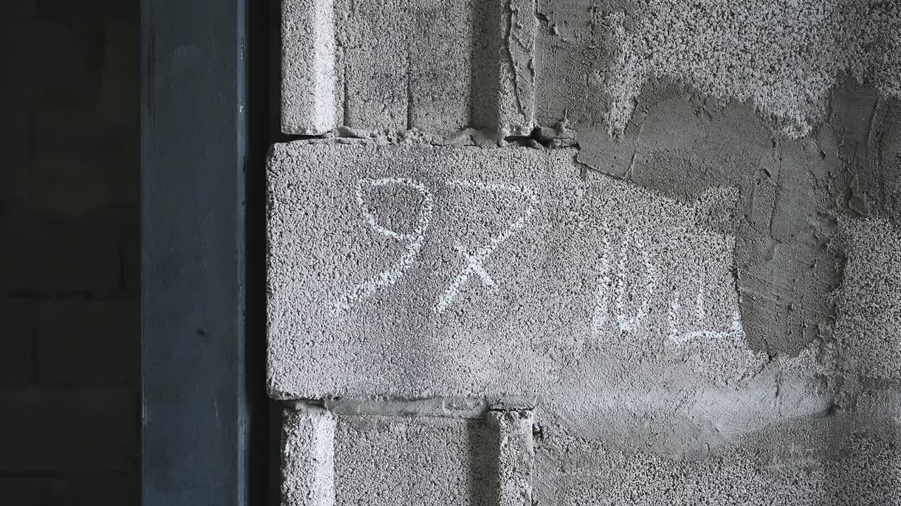 Construction measurements written with chalk on concrete brick