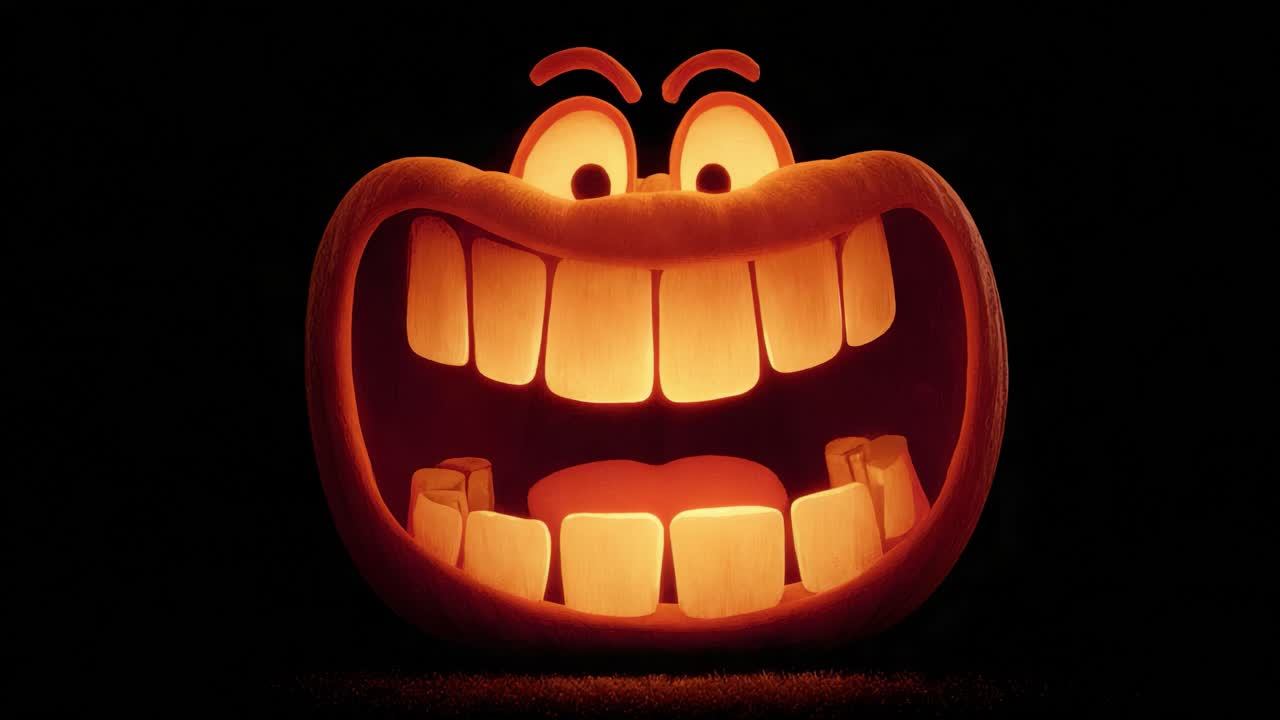 Illuminated Pumpkin with Cheerful Expression and Wide Smiling Mouth Showcasing a Playful Design Perfect for Festive Celebrations and Halloween Decorations