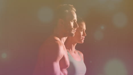 animación de luz brillante sobre hombre y mujer en forma caminando