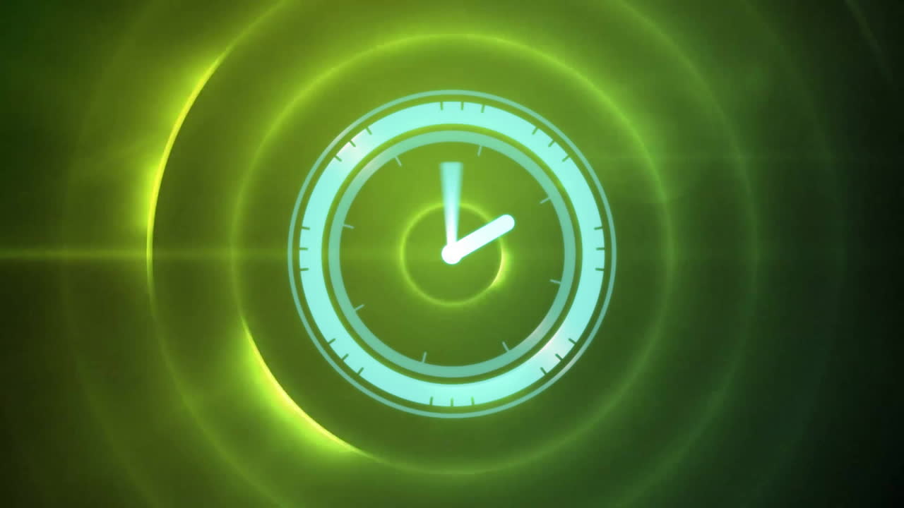 Animation of clock moving fast over glowing flickering circles