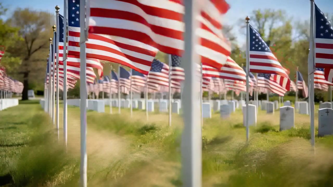 Swaying US flags in light breeze while camera panning cemetery, headstones and grasses moving