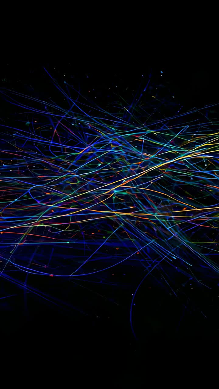 Vertical video: Animating dense neon filaments shifting across deep black canvas, sparks pulsing