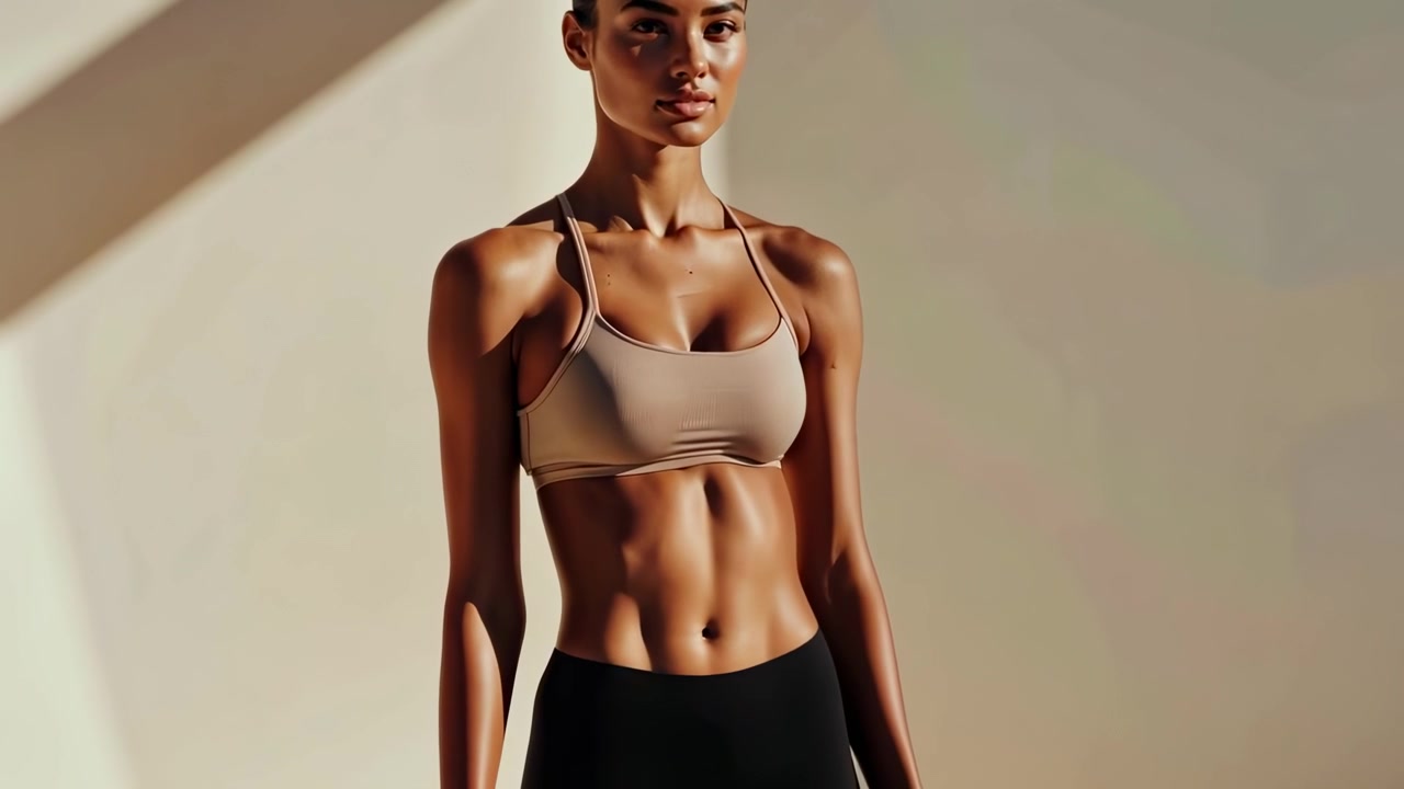 Confident Athletic Woman with Toned Abs Posing Indoors