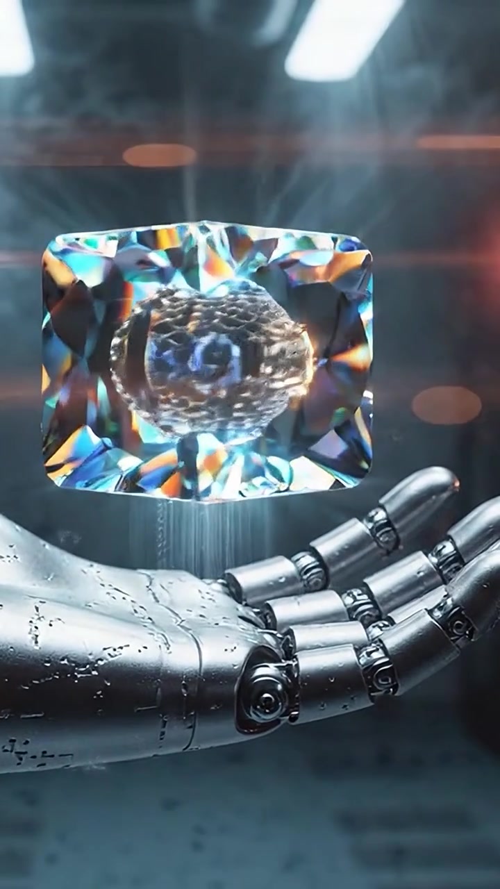 A robotic hand delicately holds a shimmering crystal cube, showcasing intricate details and reflections, symbolizing the fusion of technology and art in a futuristic setting.