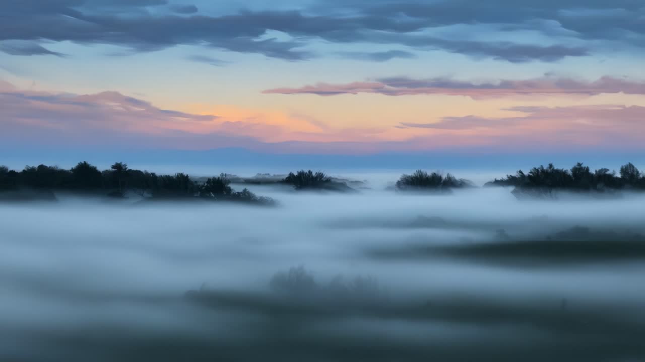 A Serene Dawn Unfolds Over a Misty Landscape, Capturing the Tranquility of Nature as Soft Hues Blend in the Morning Sky and Fog Drifts Over the Hills