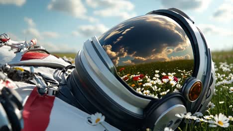 a man in a space suit laying in a field of daisies