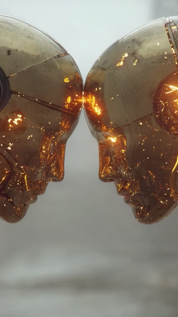 An Intriguing Encounter: Two Futuristic Golden Robot Heads Facing Each Other Highlighting the Wonder of Artificial Intelligence and Technological Progress