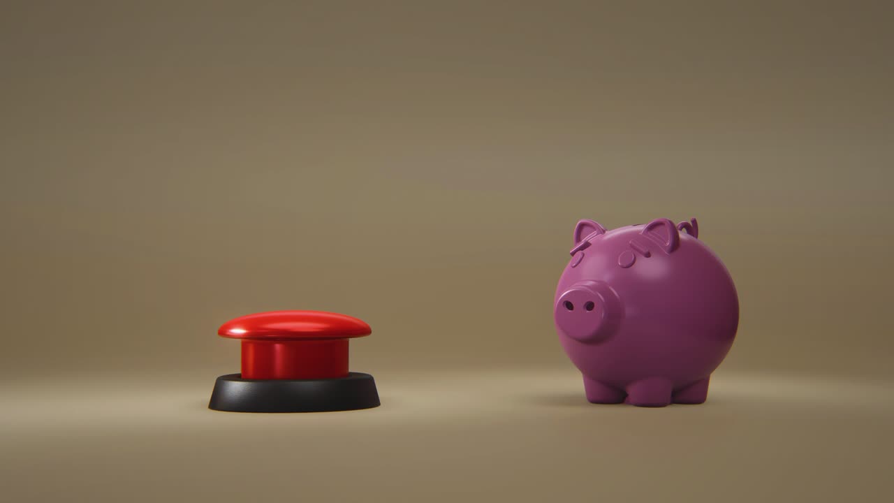 video en 4k de la mano de dibujos animados presionando el botón rojo y la alcancía.