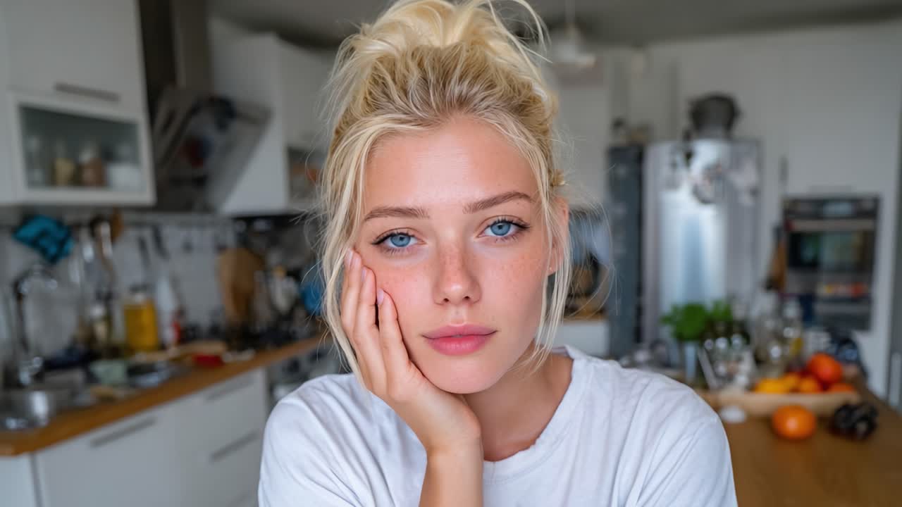Uma Jovem Pensativa com Olhos Azuis Marcantes e um Visual Natural, Posando em um Ambiente de Cozinha Iluminado, Capturada em um Momento de Reflexão e Calma