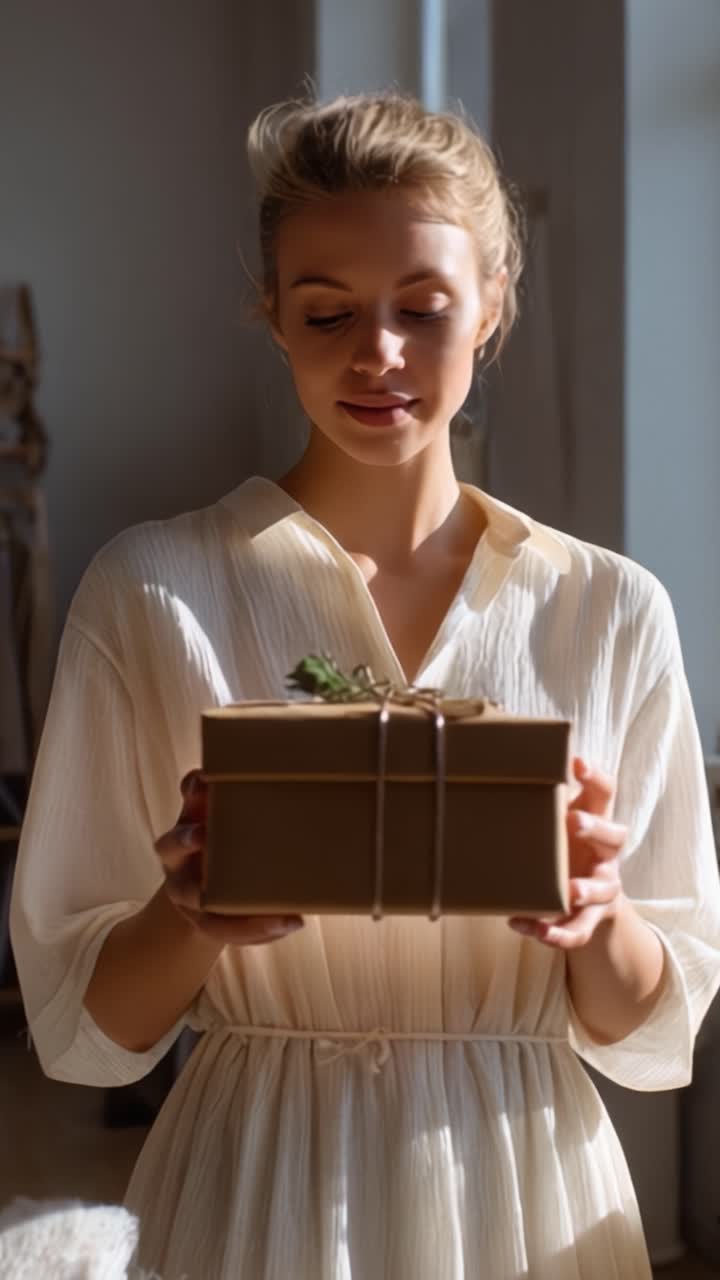 Una donna in un abito color crema chiaro tiene pensierosamente un regalo mentre è in piedi in una stanza illuminata dal sole, irradiando calore e attesa in un'atmosfera serena