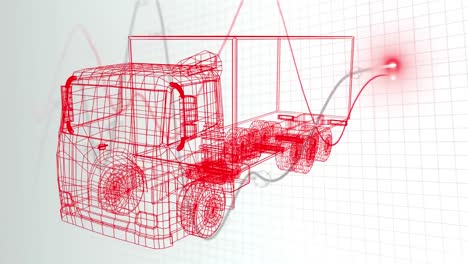 Animation-of-3d-car-drawing,-lines-recording-and-data-processing-on-grid