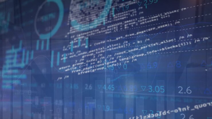 Animation of financial data processing over diverse business people in office
