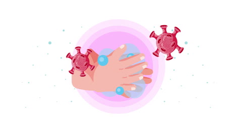 covid19 pandemic particles with hands washing animation