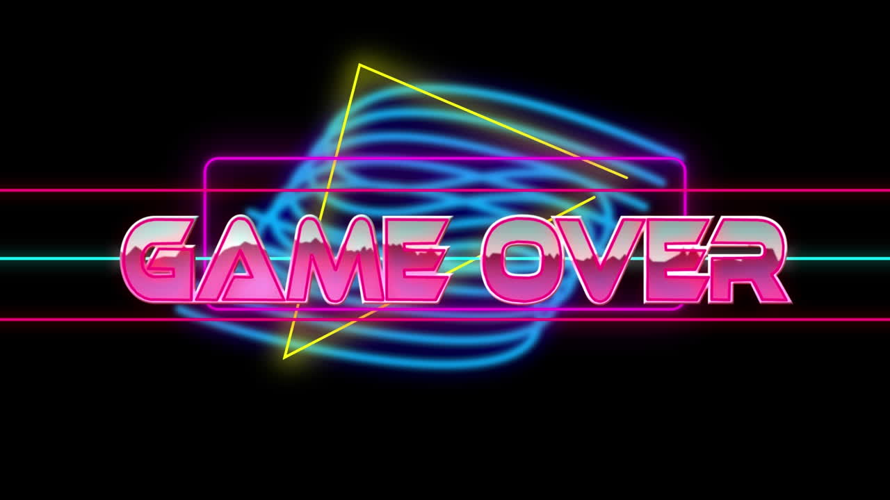 animación del juego sobre texto en letras metálicas rosadas sobre líneas de neón