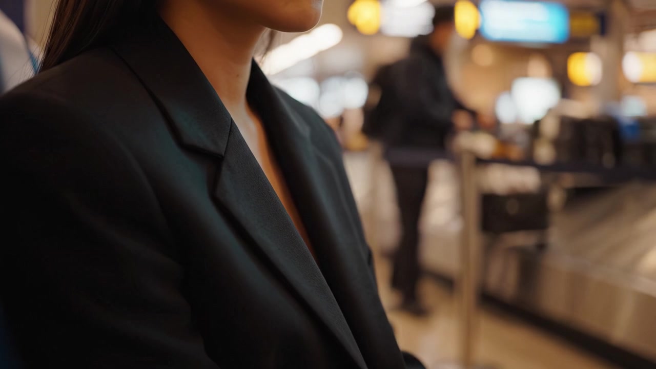Um indivíduo elegante em traje formal espera pacientemente em um ambiente de aeroporto movimentado, destacando o contraste entre a presença pessoal e a dinâmica do espaço público