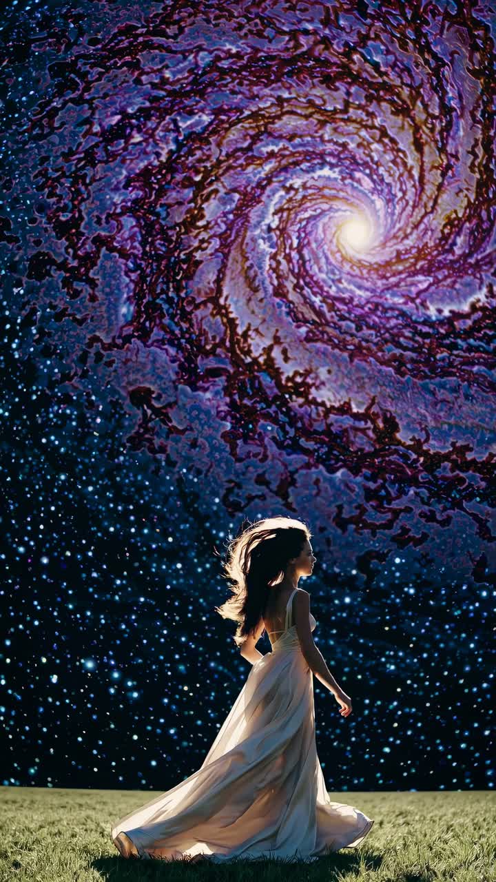 A woman in a flowing dress runs on grass under a swirling galaxy