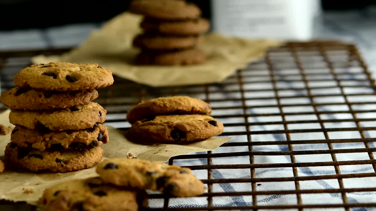Chocolate Chip Cookies And Glass Of Milk For Breakfast. 4k Close-Up Shot