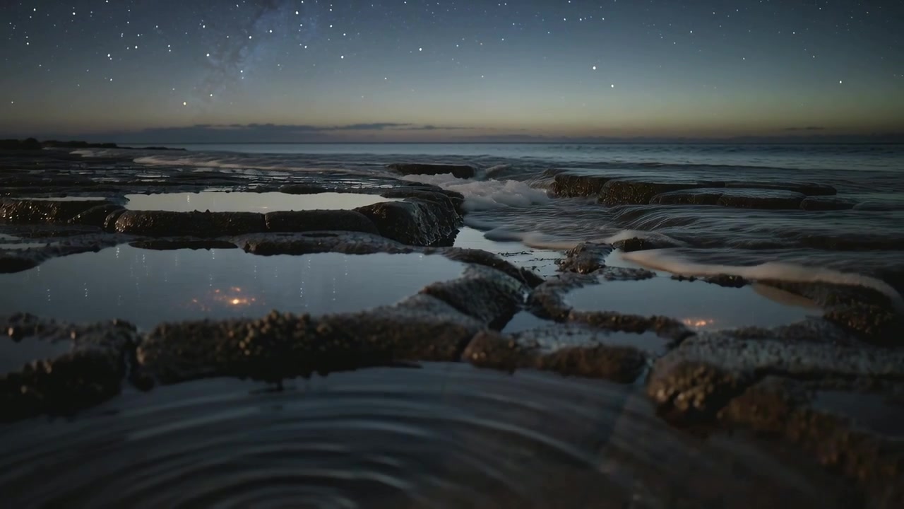 Marea crescente che spinge una pozza poco profonda creando increspature su una riva rocciosa ricoperta di cirripedi, riflettendo le stelle