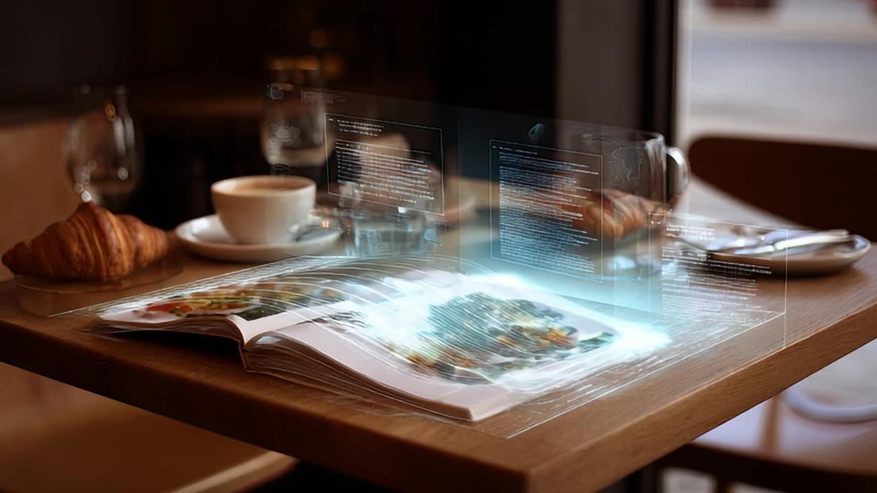 Bord med et digitalt magasin og morgenmad i en café