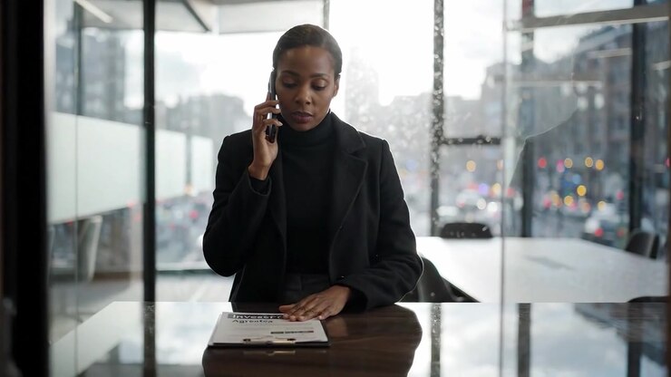 A Professional Woman Engaged in a Phone Call Inside a Modern Office Space, Showcasing Cityscape Views Through Large Glass Windows