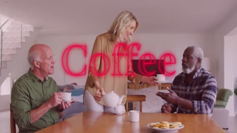 animation of coffee text over diverse group of seniors talking