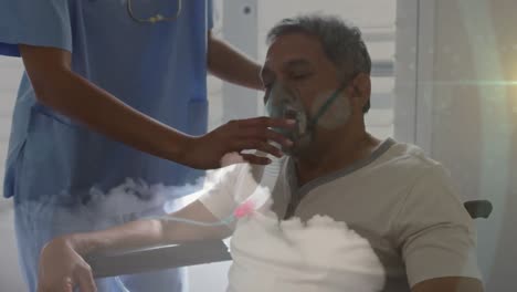 Animation-of-light-trails-and-smoke-over-diverse-doctor-and-patient-using-oxygen-mask