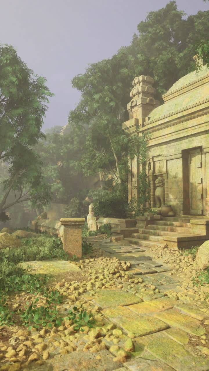 Ancient structure surrounded by lush greenery in serene environment