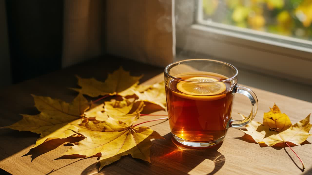 Steaming Tea with Lemon and Autumn Leaves by a Sunny Window