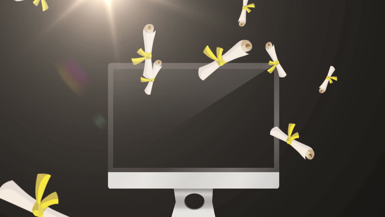 검은 바탕에 있는 컴퓨터 모니터에 맞서 떨어지는 여러 개의 졸업증