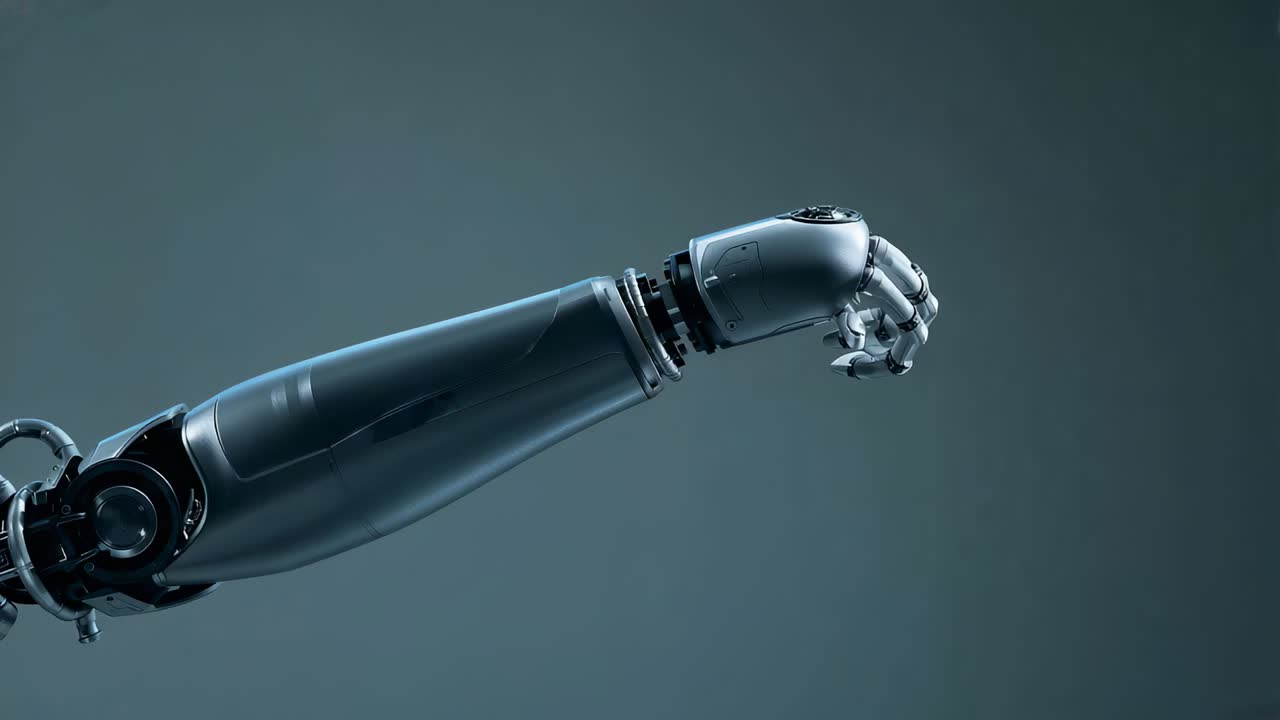 Receiving control signal, articulated robotic forearm curling fingers in gray studio, testing grasp