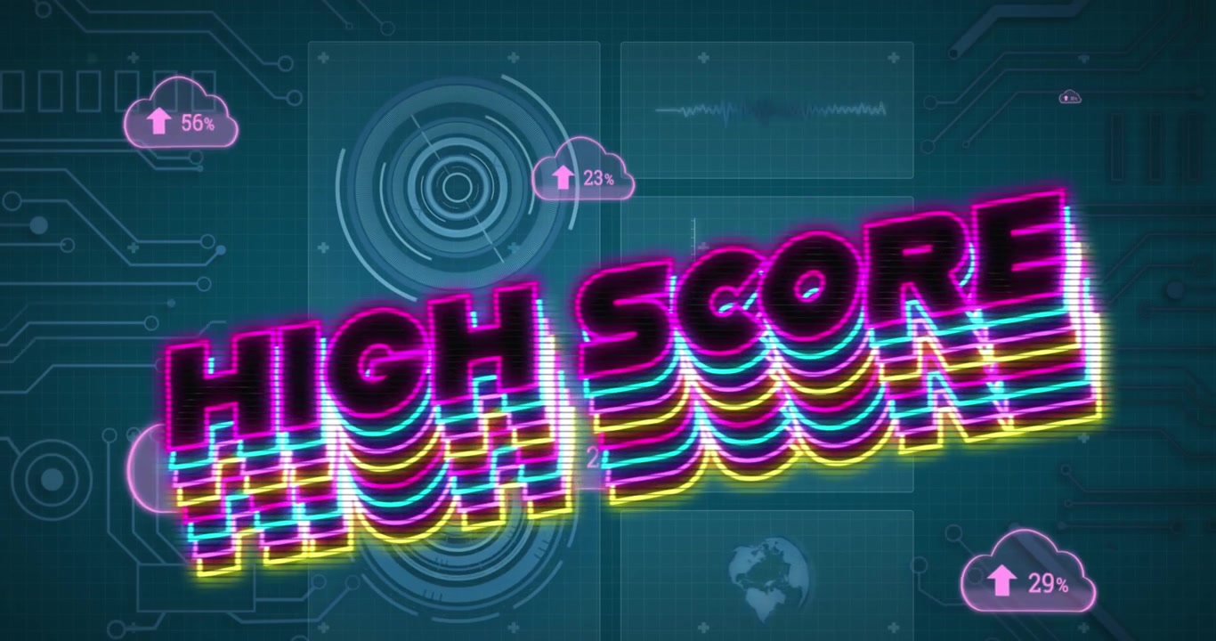 Animation of high score text and data processing on blue background