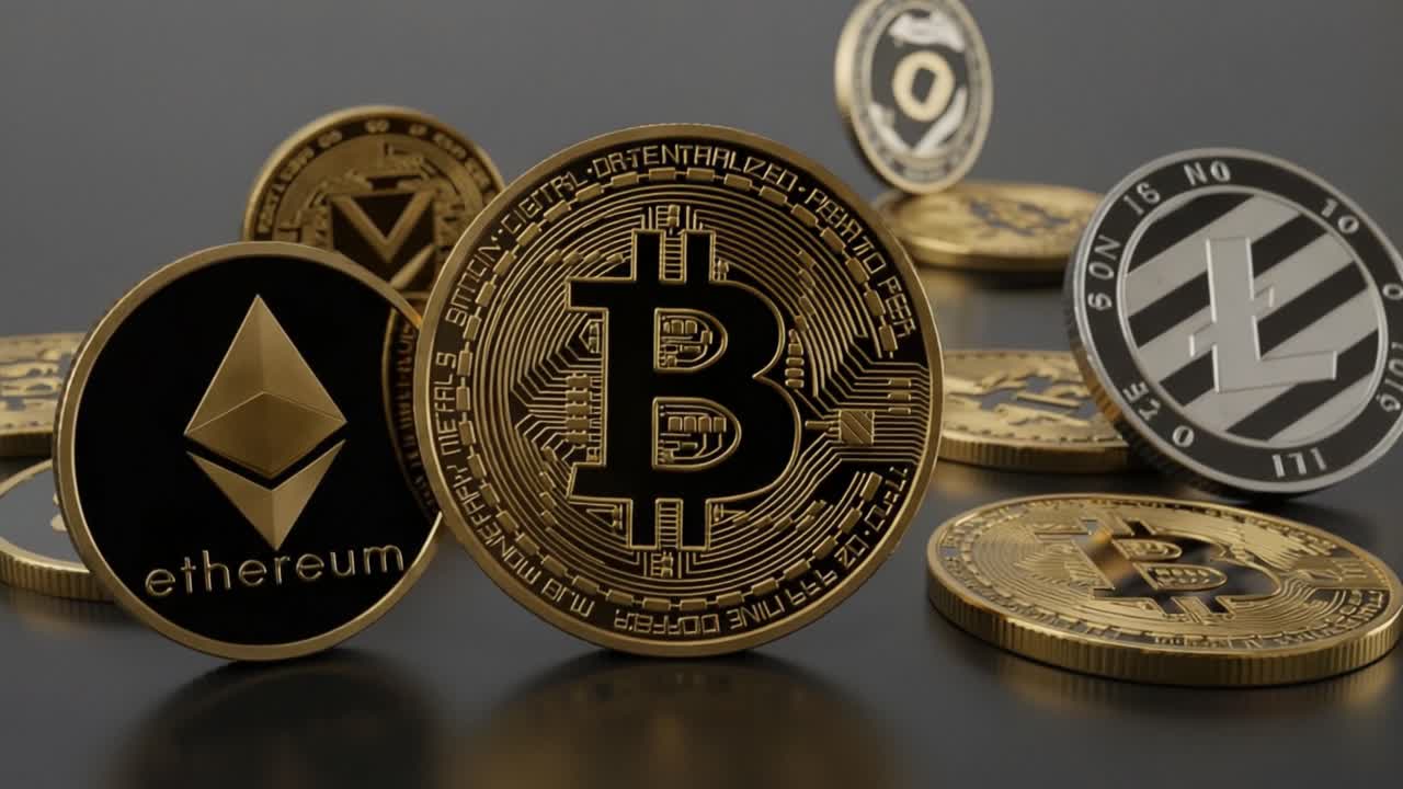 A Close-Up View of Digital Currency Coins Featuring Bitcoin and Ethereum on a Stylish Background, Highlighting the World of Cryptocurrency Investment and Trading