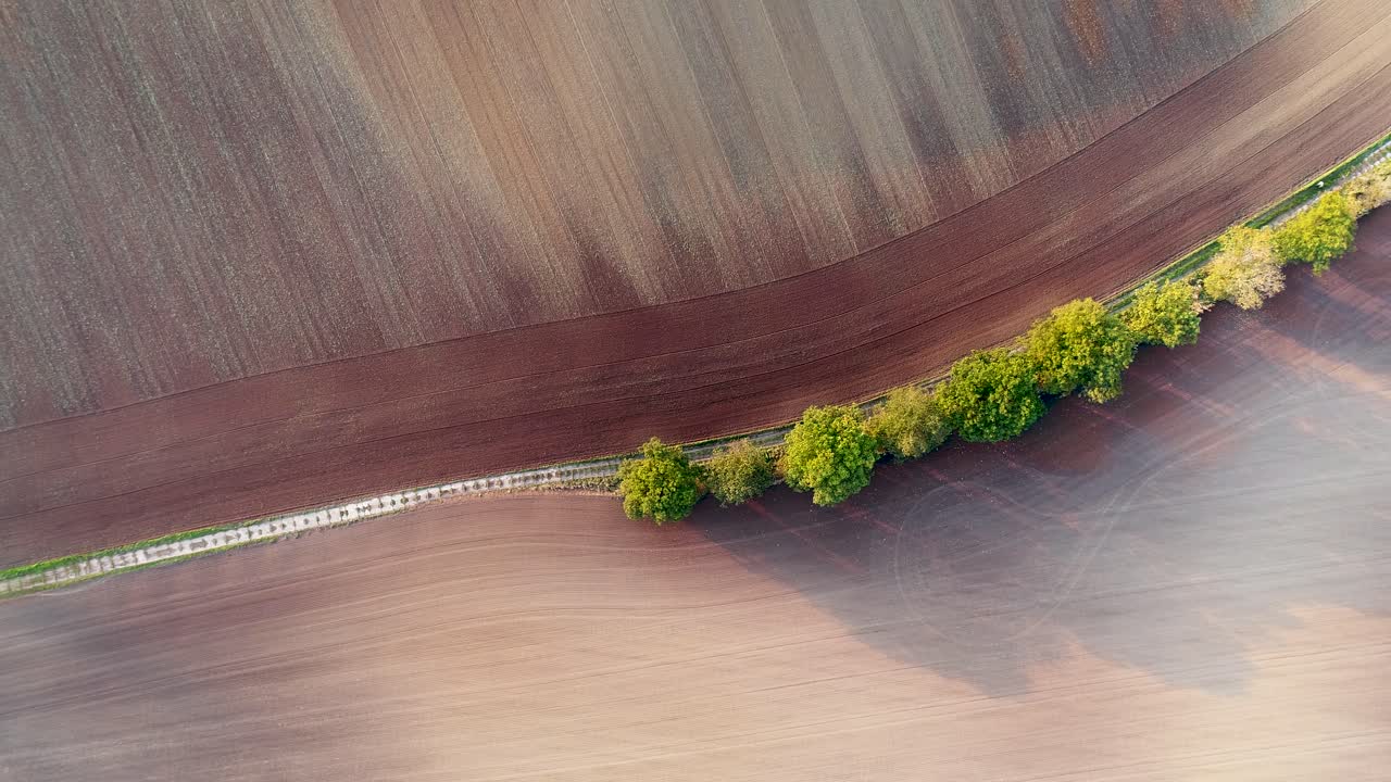 Shapes created by ploughed farmland, road and trees. Top aerial