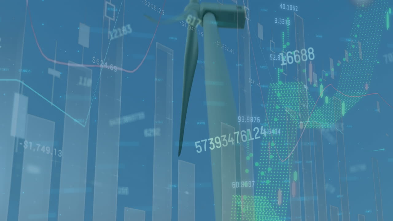 그래프의 애니메이션과  ⁇ 은 하늘에 대한 풍차 위에서 변화하는 숫자