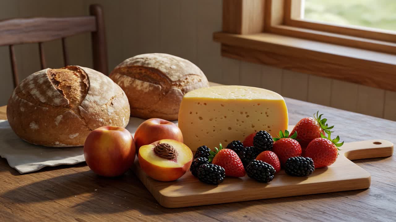 A Beautifully Arranged Spread Featuring Freshly Baked Bread, A Selection of Juicy Fruits, and Artisan Cheese Set Against a Sunlit Window Background