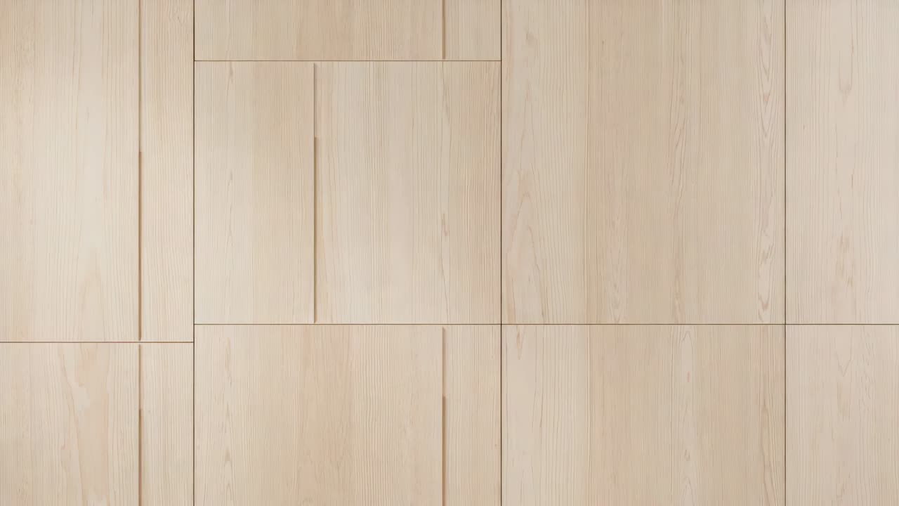 Camera starting pan showing pale wood floor panels in room, revealing grain, seams, highlights