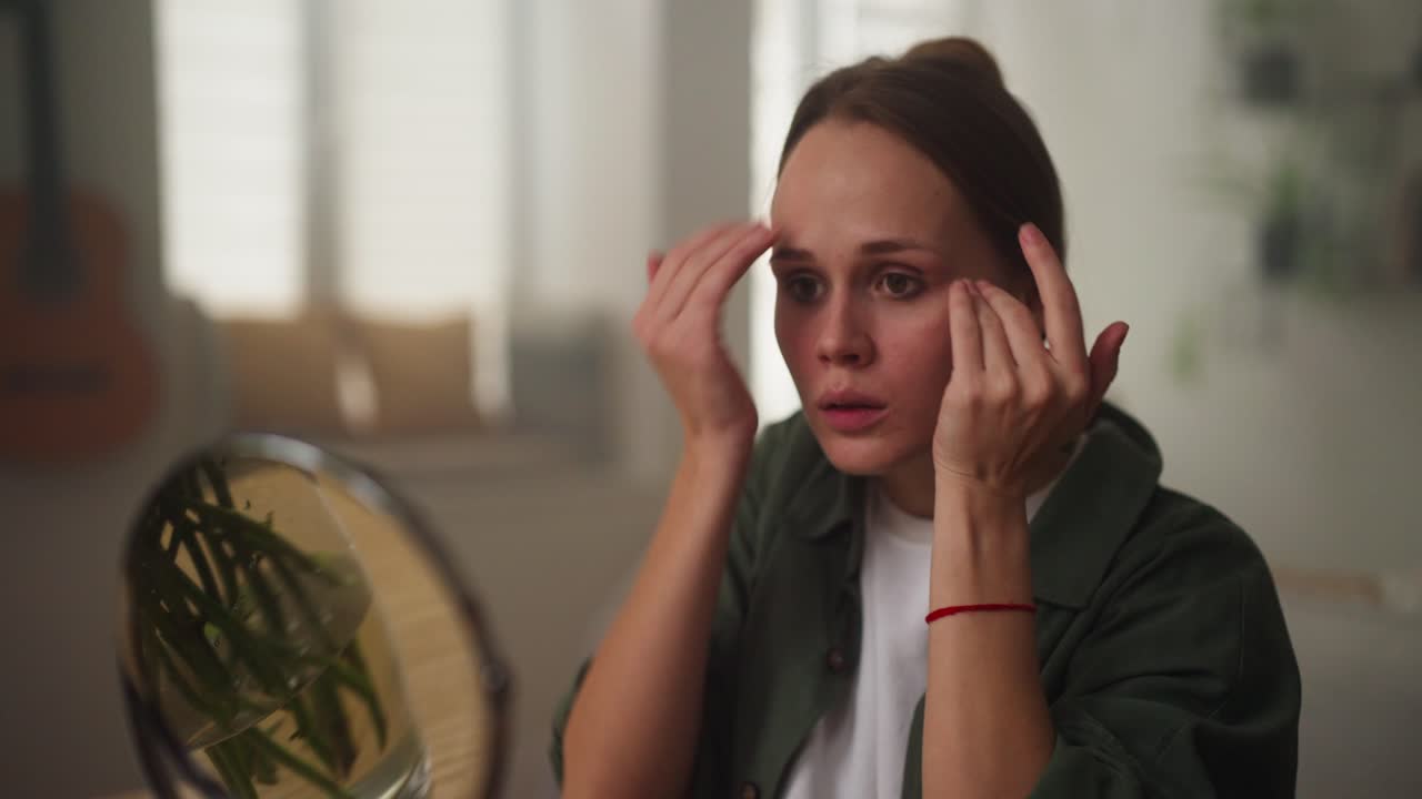 mujer aplicando maquillaje frente a un espejo