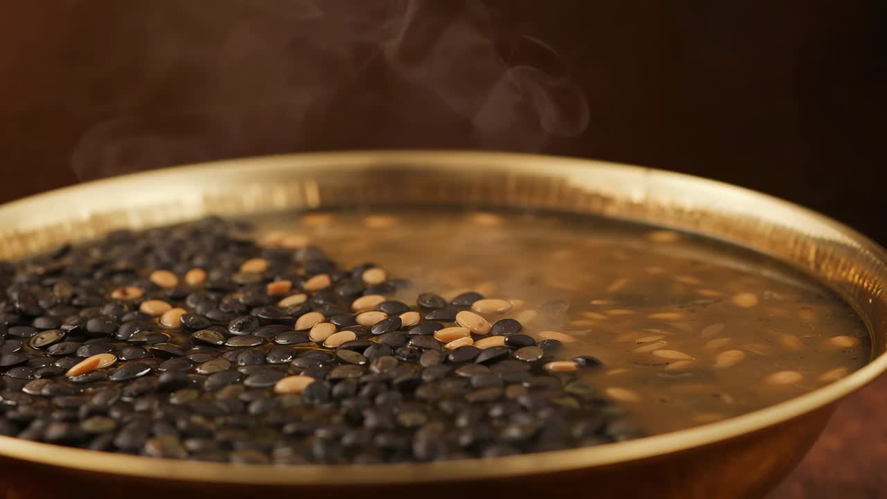 Shifting black lentils drifting across warm water in brass bowl on kitchen counter steam rising