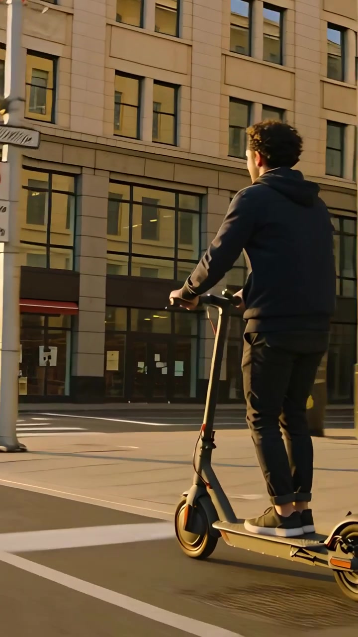 Vertical video: Riding man on scooter in hoodie commuting on city street, passing zebra crosswalk