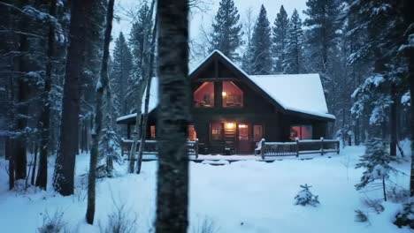 a warm cabin illuminated from within stands beautifully amidst snow-covered trees. the winter atmosphere creates a serene and inviting ambiance, perfect for a cozy retreat.