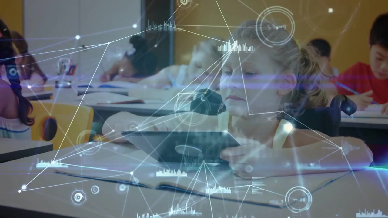 Blonde girl picking up tablet and tapping screen while studying workbook, HUD overlay intensifying