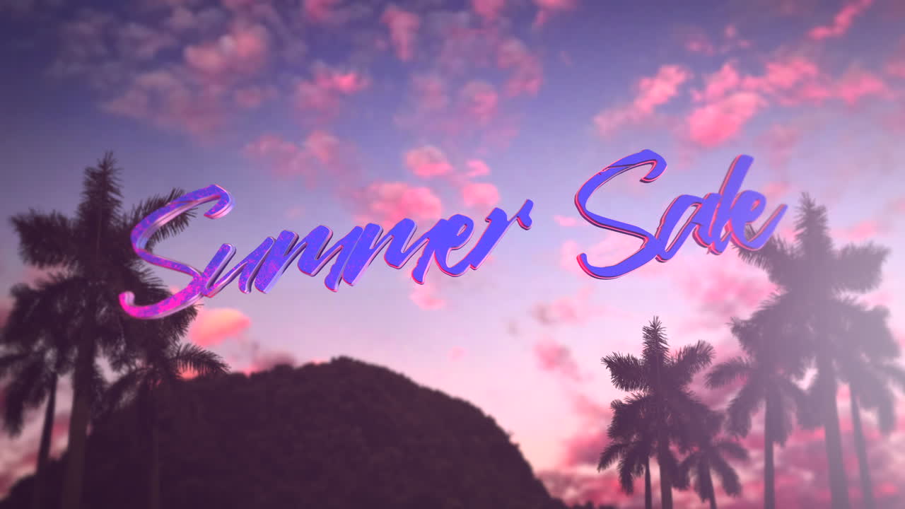 석양에 산과 야자수가 있는 열대 풍경이 있는 여름 세일