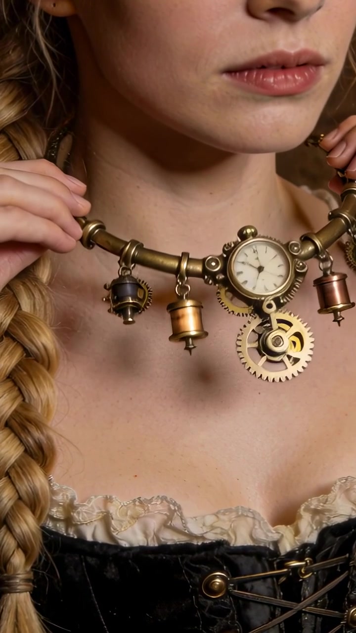 Video vertical: Sosteniendo el cuello, modelo en corsé ajustando un collar de reloj en el set para que se asiente en la clavícula.