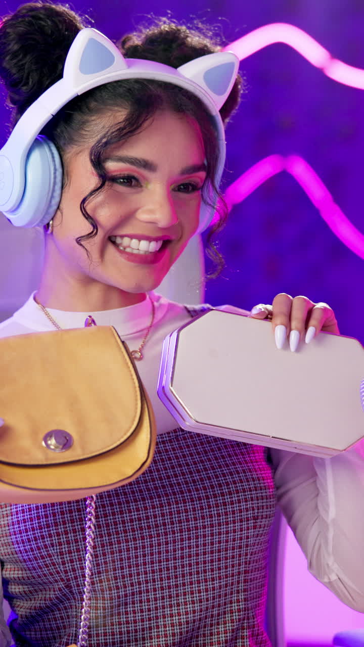 Woman with headphones and purse