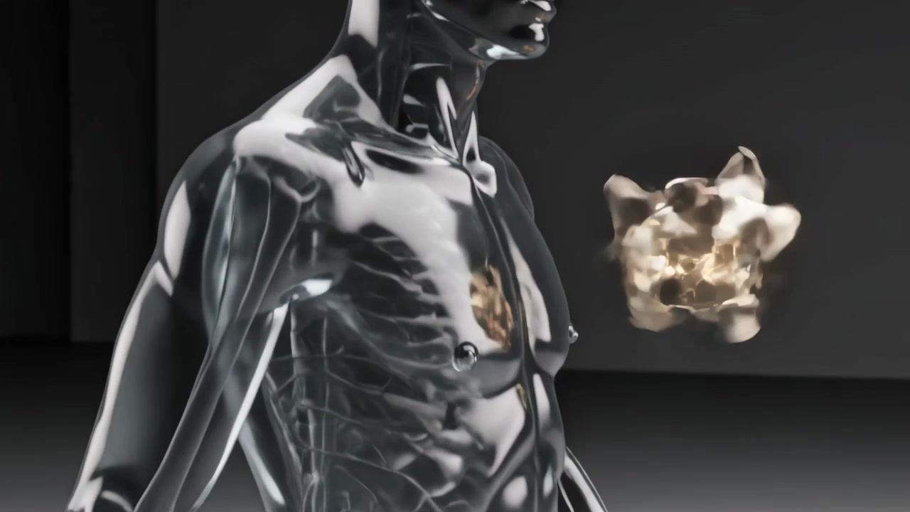 Oggetto a forma di stella d'oro rotante che fluttua vicino a un torso di vetro in uno studio, causando bagliori mentre il torso si inclina.