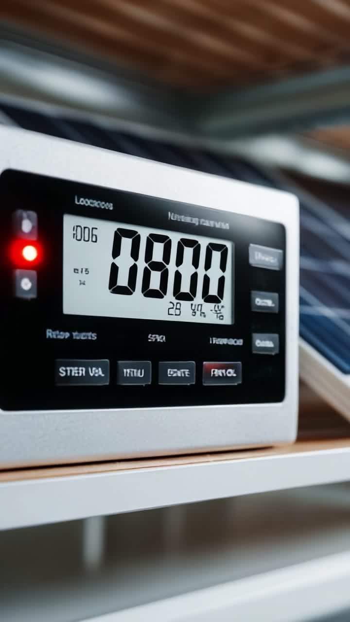 Digital Timer Displaying 08:00 Countdown in a Minimalist Kitchen Setting with Shelves and Modern Design Elements