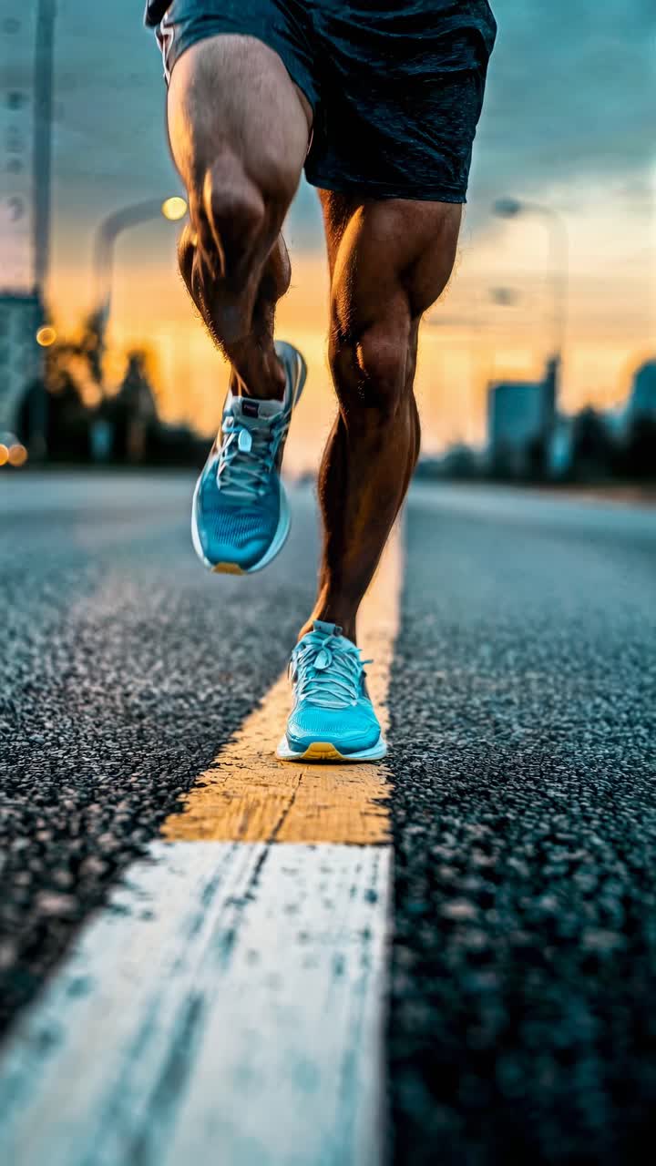 Low-angle video shot of a runner's legs on a city street at sunset, capturing motion and energy